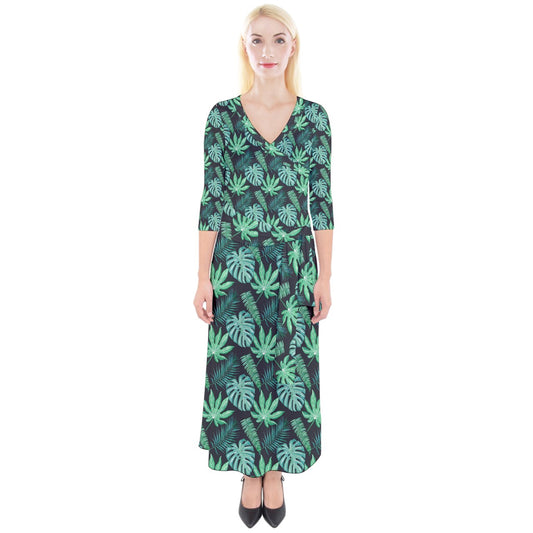 Black Monstera Quarter Sleeve Wrap Maxi Dress