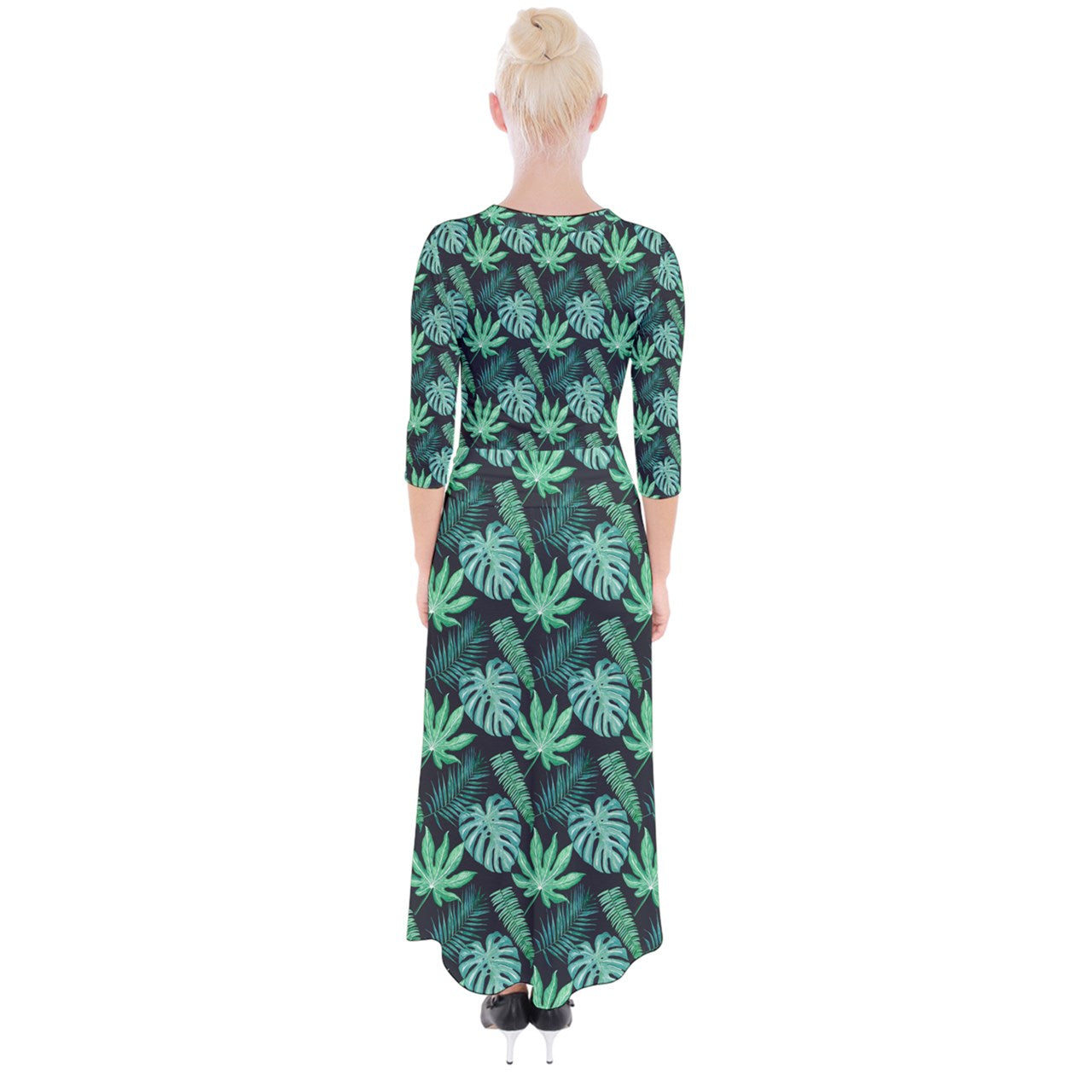 Black Monstera Quarter Sleeve Wrap Maxi Dress