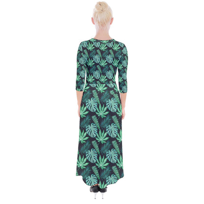 Black Monstera Quarter Sleeve Wrap Maxi Dress