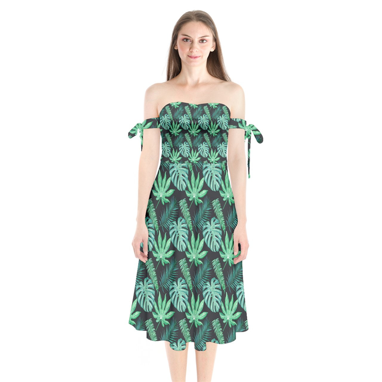 Black Monstera Shoulder Tie Bardot Midi Dress