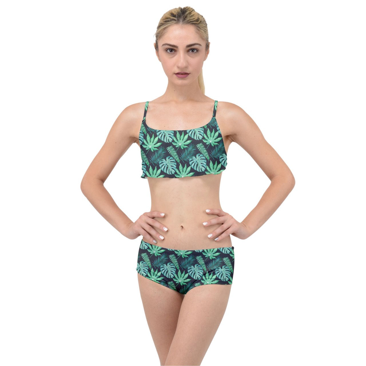 Black Monstera Layered Top Bikini Set