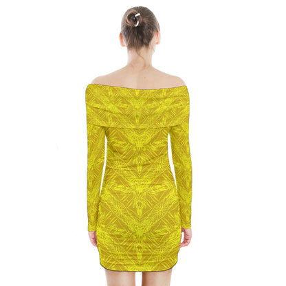 Yellow Fern Long Sleeve Off Shoulder Dress