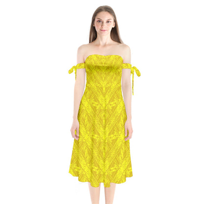 Yellow Fern Shoulder Tie Bardot Midi Dress by Luxtrini