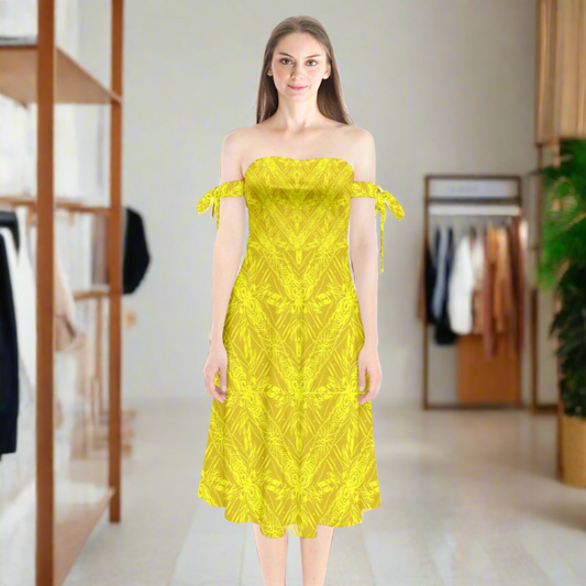 Yellow Fern Shoulder Tie Bardot Midi Dress by Luxtrini