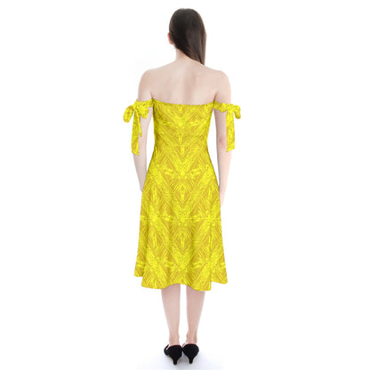 Yellow Fern Shoulder Tie Bardot Midi Dress by Luxtrini