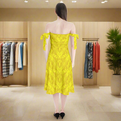 Yellow Fern Shoulder Tie Bardot Midi Dress by Luxtrini