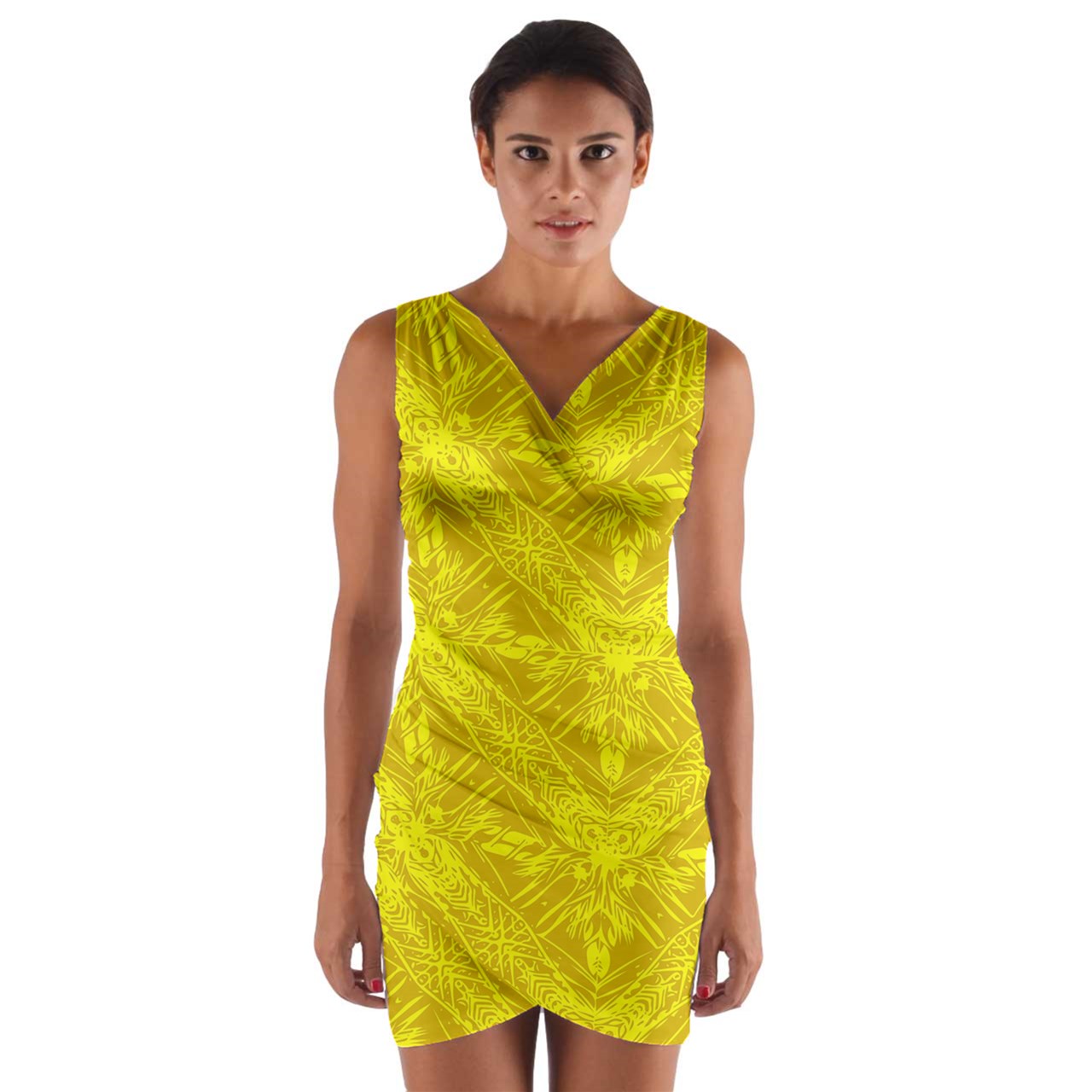 Yellow Fern Wrap Front Bodycon Dress