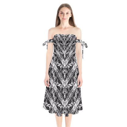 Black and White Fern Shoulder Tie Bardot Midi Dress