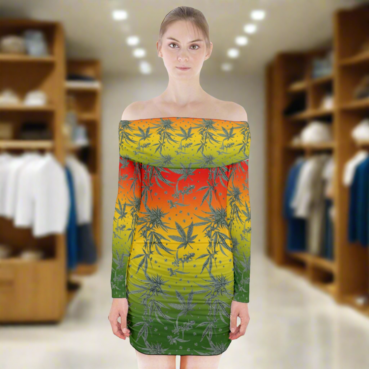 Luxtrini's Sustainable Marijuana Long Sleeve Off Shoulder Dress: A Fashionable Choice