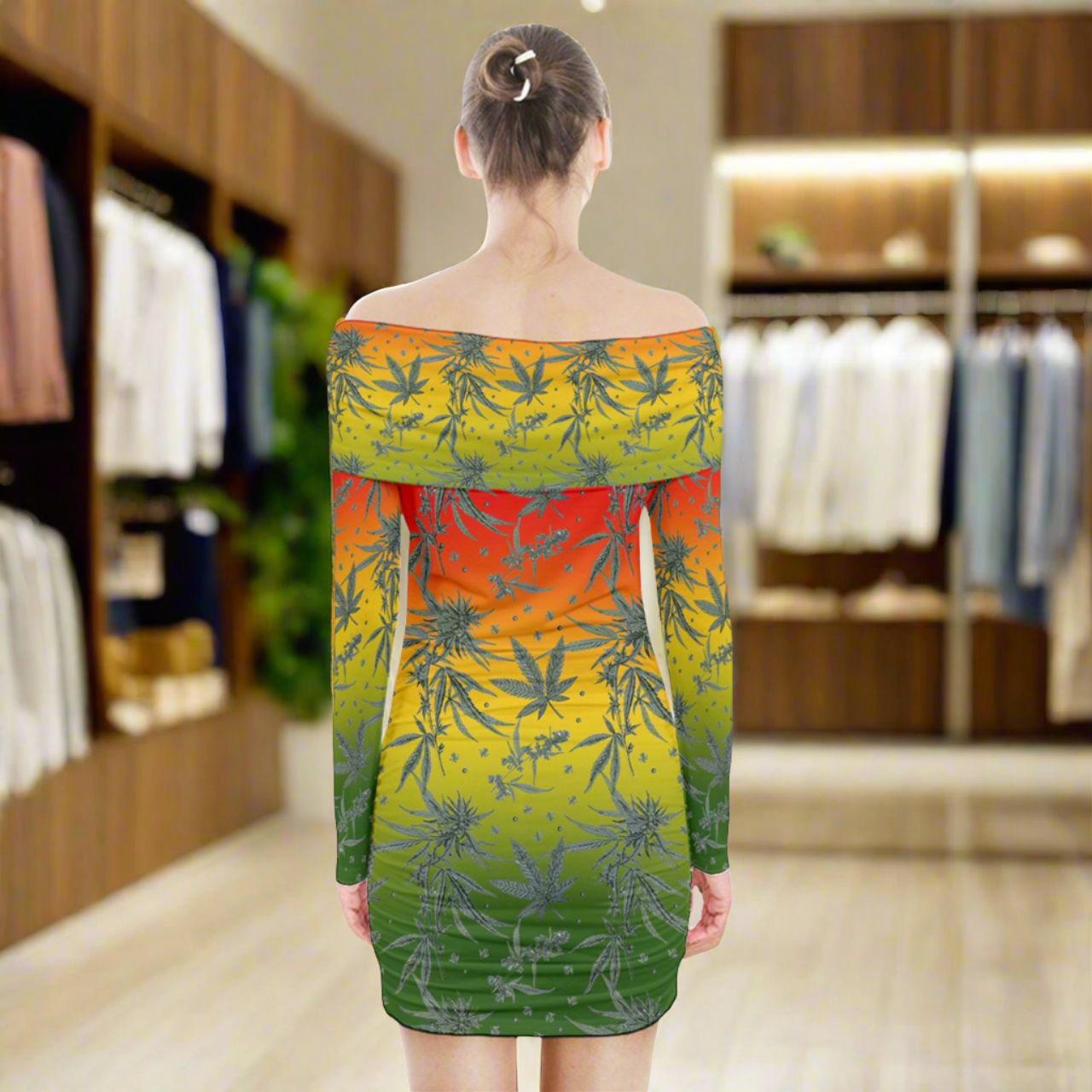 Luxtrini's Sustainable Marijuana Long Sleeve Off Shoulder Dress: A Fashionable Choice