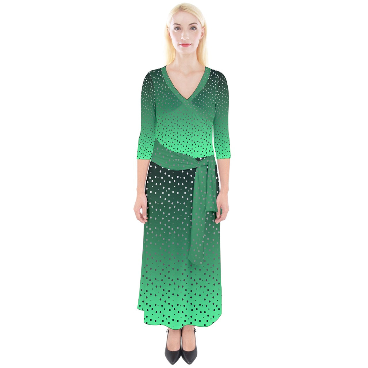 Green Gradient Quarter Sleeve Wrap Maxi Dress