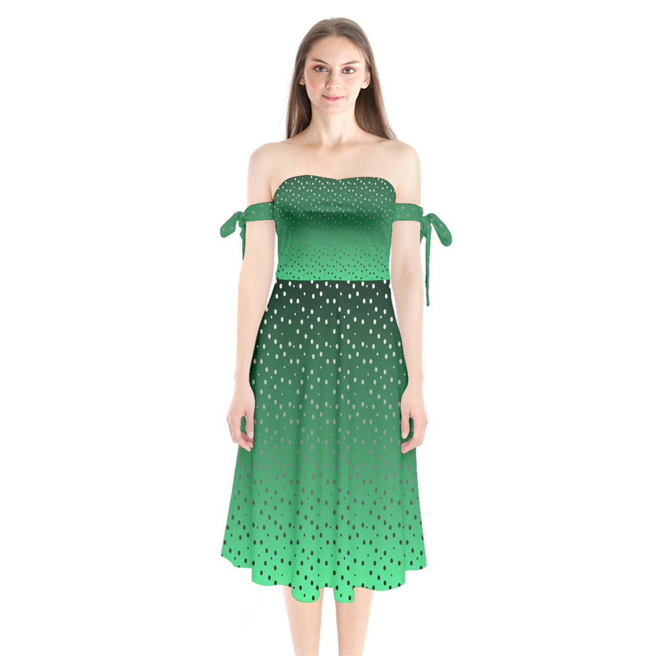 Green Gradient Shoulder Tie Bardot Midi Dress