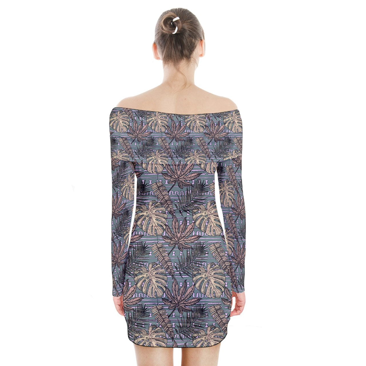 Monstera Fern #5 Long Sleeve Off Shoulder Dress