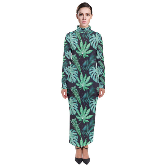 Black Monstera Turtleneck Maxi Dress