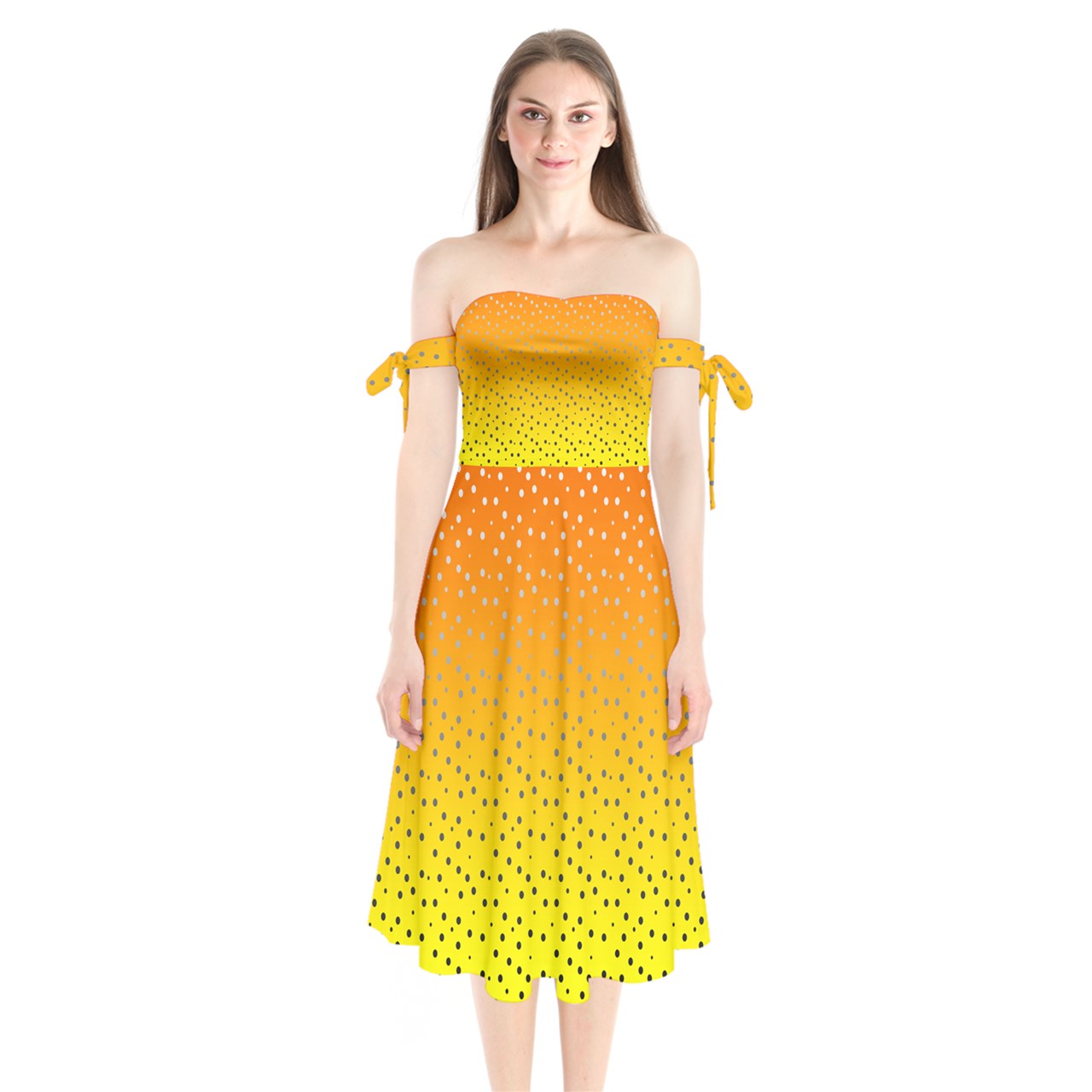 Golden Orange Gradient Shoulder Tie Bardot Midi Dress