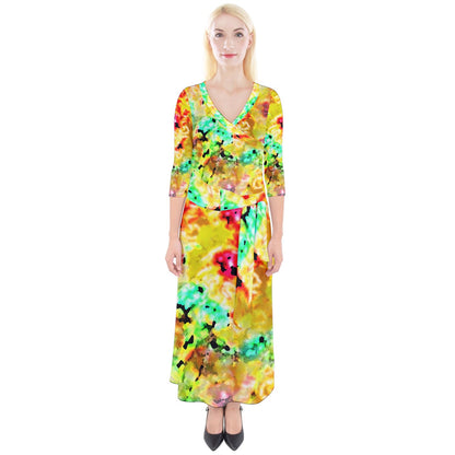 Hibiscus Impressionist Quarter Sleeve Wrap Maxi Dress