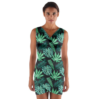 Black Monstera Wrap Front Bodycon Dress