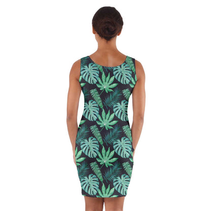 Black Monstera Wrap Front Bodycon Dress