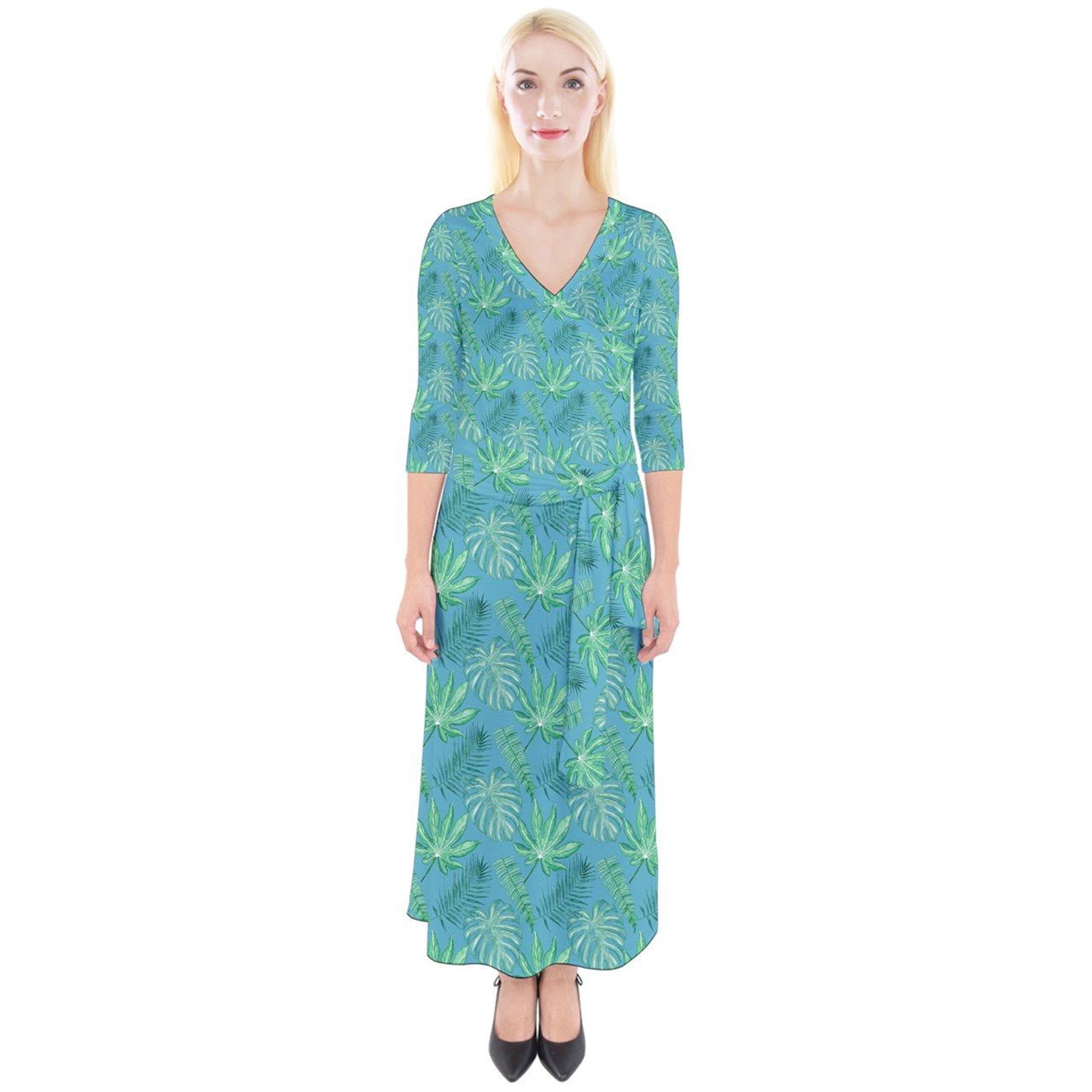 Monstera Quarter Sleeve Wrap Maxi Dress