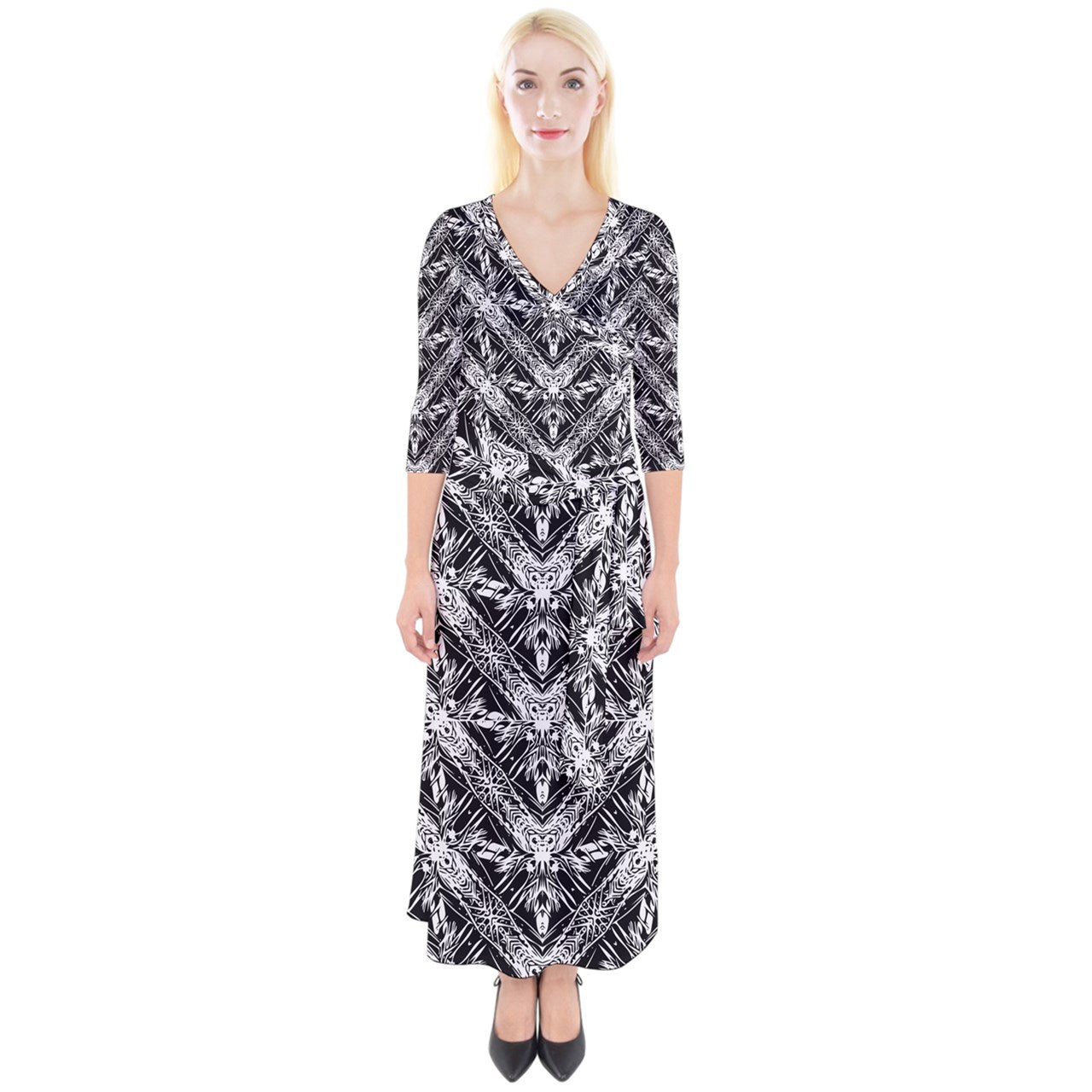 Black and White Fern Quarter Sleeve Wrap Maxi Dress