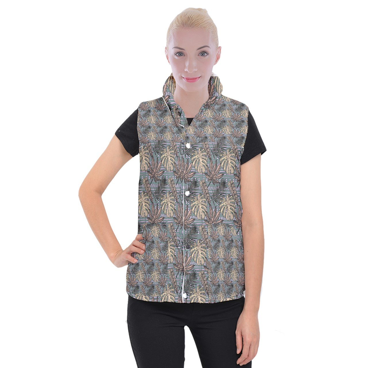 Monstera Fern #5 Women's Button Up Vest 3XL
