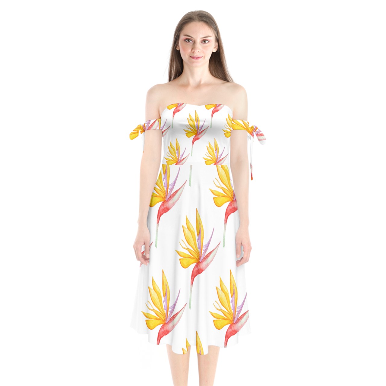 Shoulder Tie Bardot Midi Dress Bird of Paradise by Luxtrini