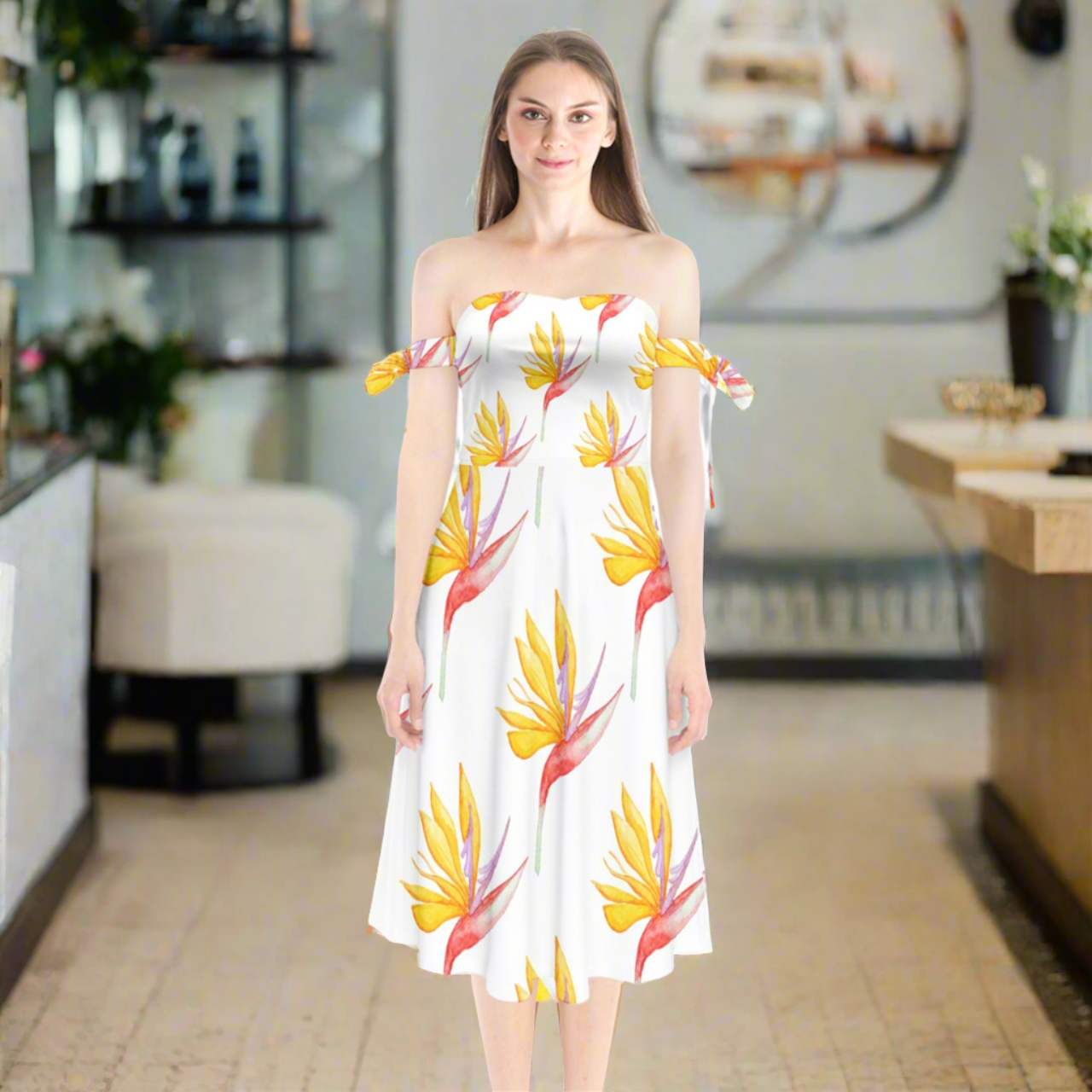 Shoulder Tie Bardot Midi Dress Bird of Paradise by Luxtrini