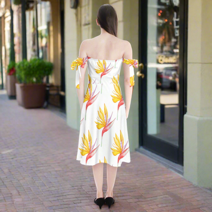 Shoulder Tie Bardot Midi Dress Bird of Paradise by Luxtrini