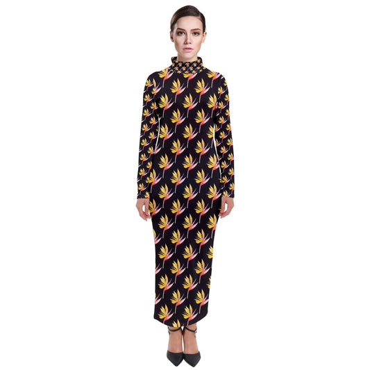 Turtleneck Maxi Dress Bird of Paradise on Black