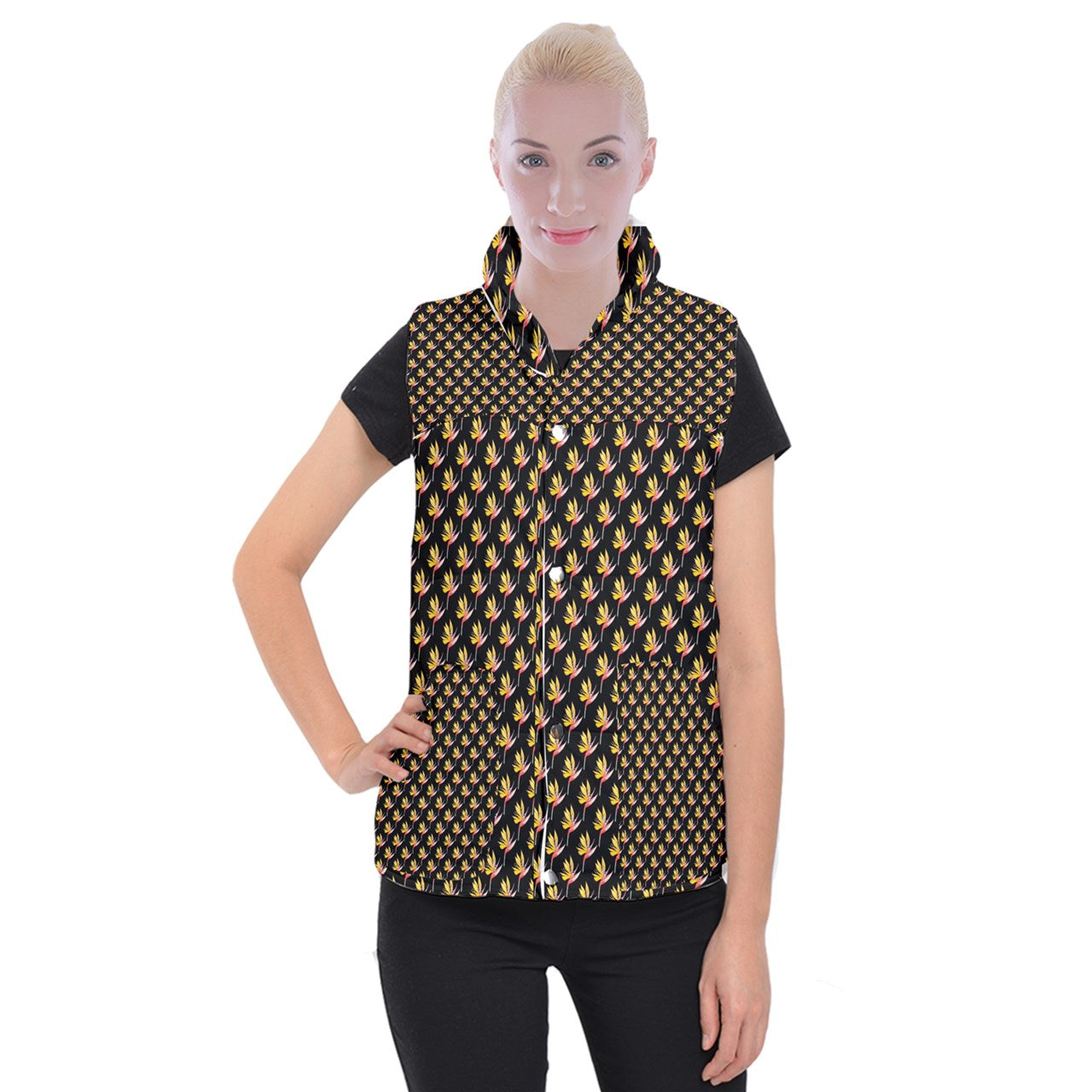 Women's Button Up Vest Bird of Paradise on Black 3XL