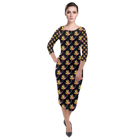 Quarter Sleeve Midi Velour Bodycon Dress Bird of Paradise on Black