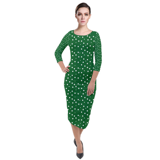 Quarter Sleeve Midi Velour Bodycon Dress Green Dot