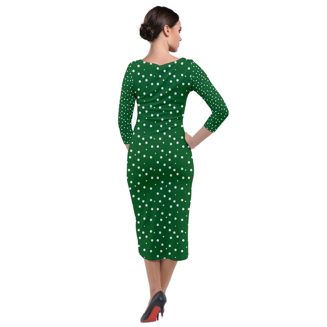 Quarter Sleeve Midi Velour Bodycon Dress Green Dot