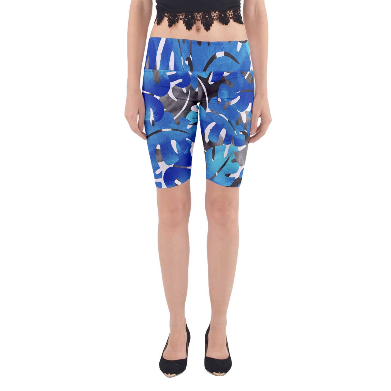 Yoga Cropped Leggings Tropical Blues Leaves
