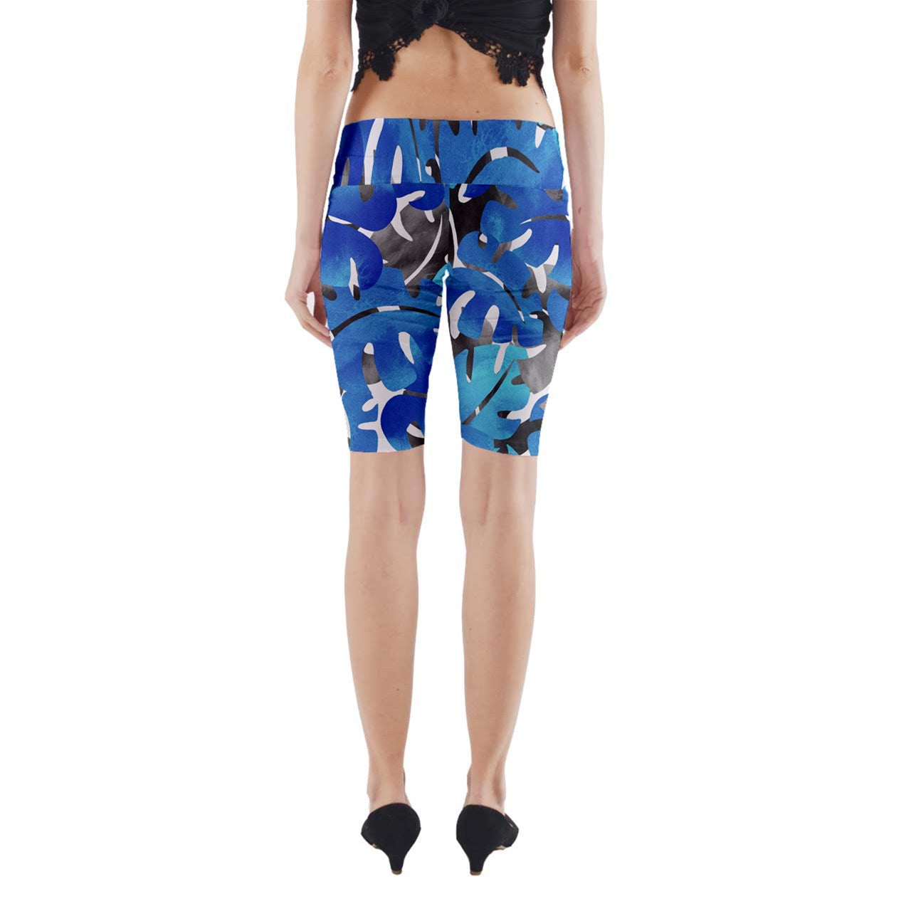 Yoga Cropped Leggings Tropical Blues Leaves