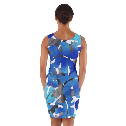 Wrap Front Bodycon Dress Tropical Blues Leaves