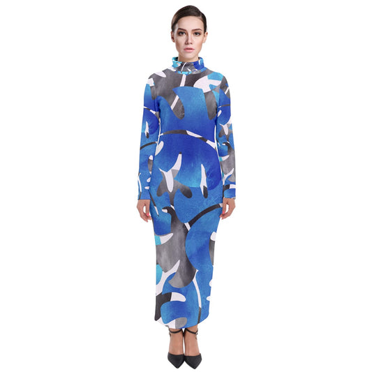 Turtleneck Maxi Dress Tropical Blues Leaves