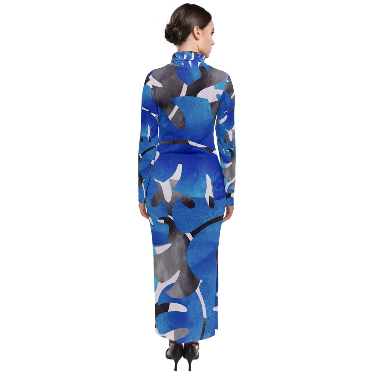 Turtleneck Maxi Dress Tropical Blues Leaves