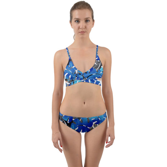 Wrap Around Bikini Set Tropical Blues Leaves