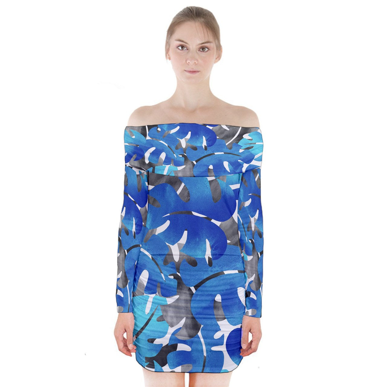 Long Sleeve Off Shoulder Dress Tropical Blues Leaves 5XL
