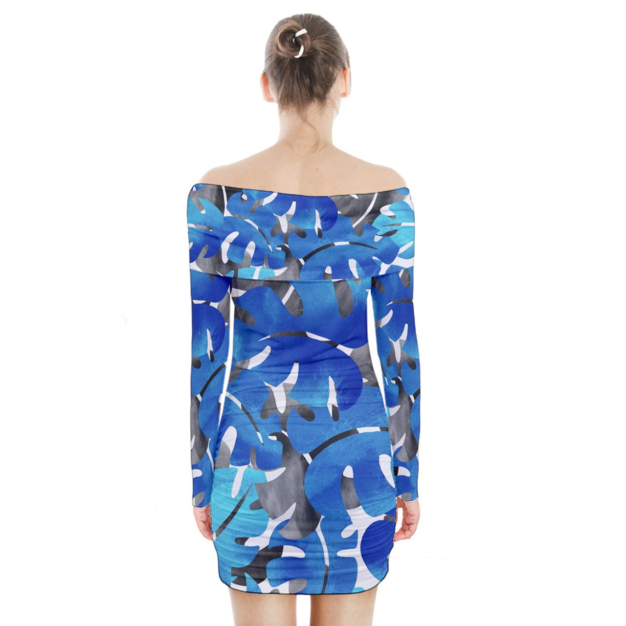 Long Sleeve Off Shoulder Dress Tropical Blues Leaves