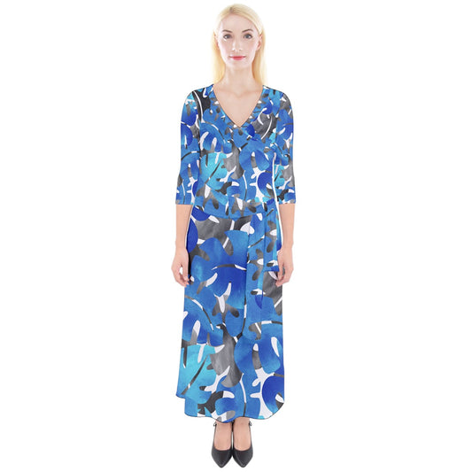 Quarter Sleeve Wrap Maxi Dress Tropical Blues Leaves