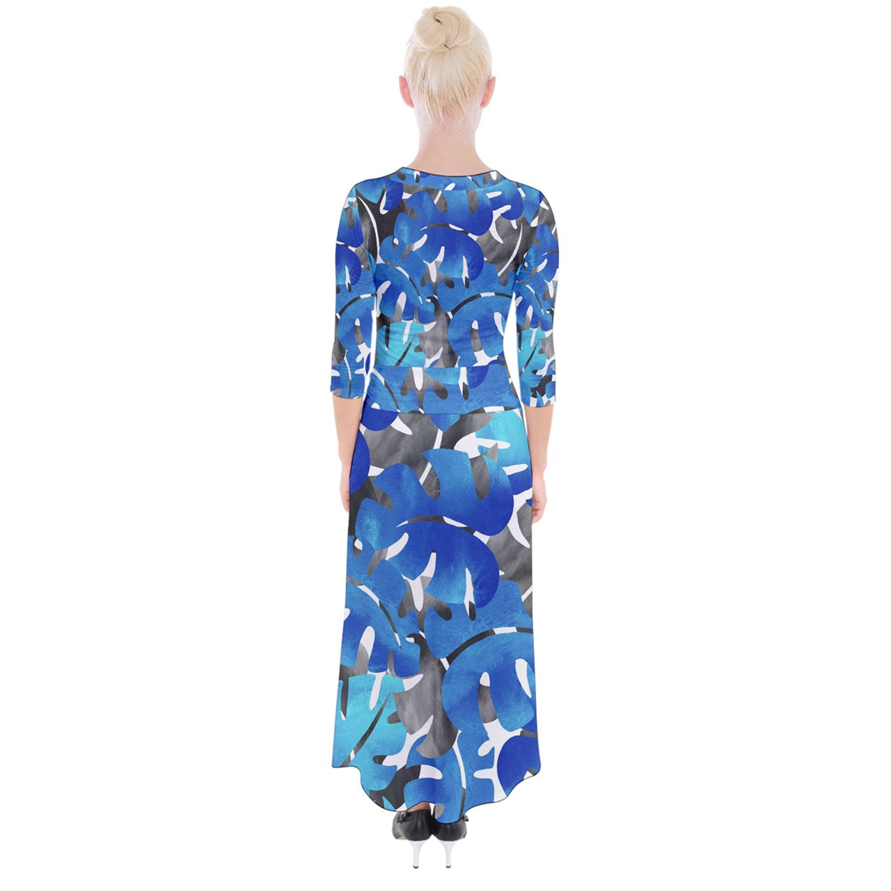 Quarter Sleeve Wrap Maxi Dress Tropical Blues Leaves