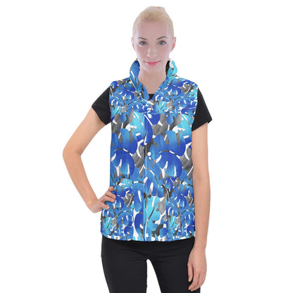 Women's Button Up Vest Tropical Blues Leaves 3XL