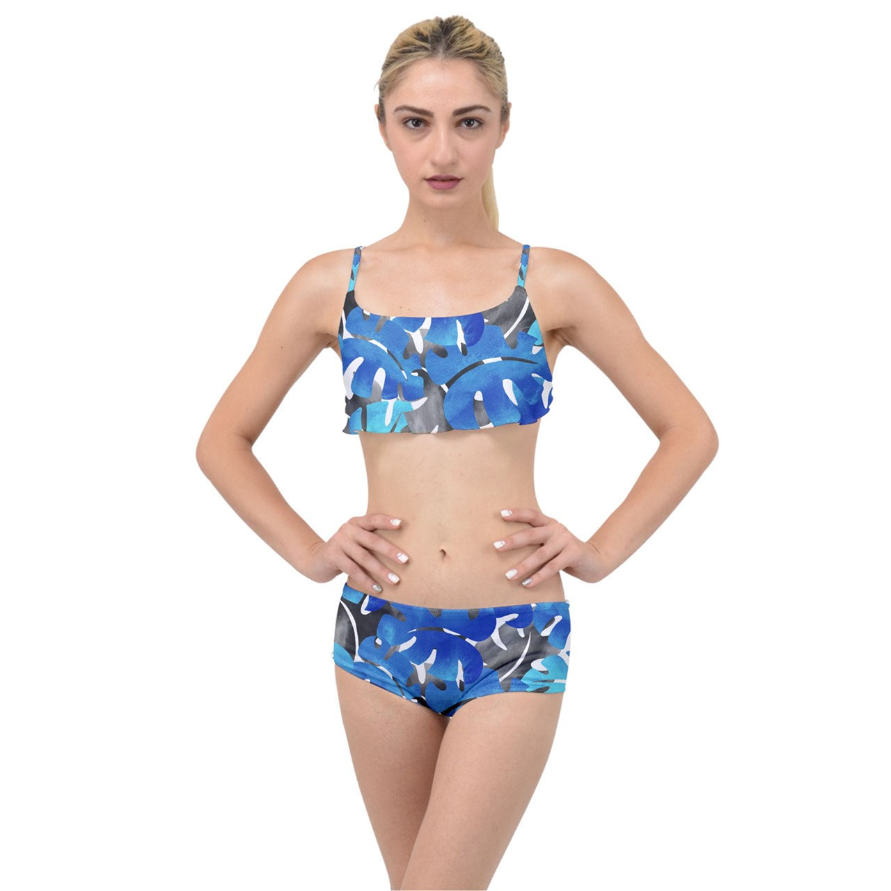 Layered Top Bikini Set Tropical Blues Leaves