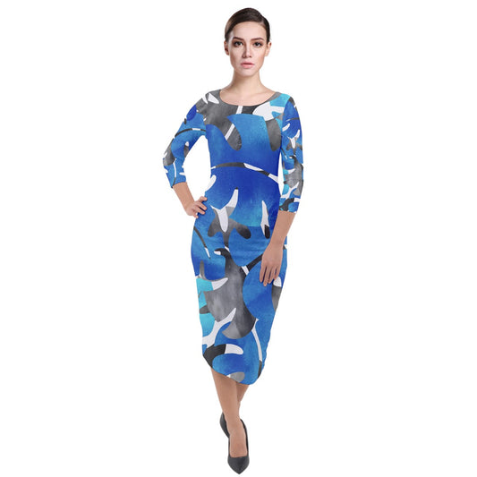 Quarter Sleeve Midi Velour Bodycon Dress Tropical Blues Leaves