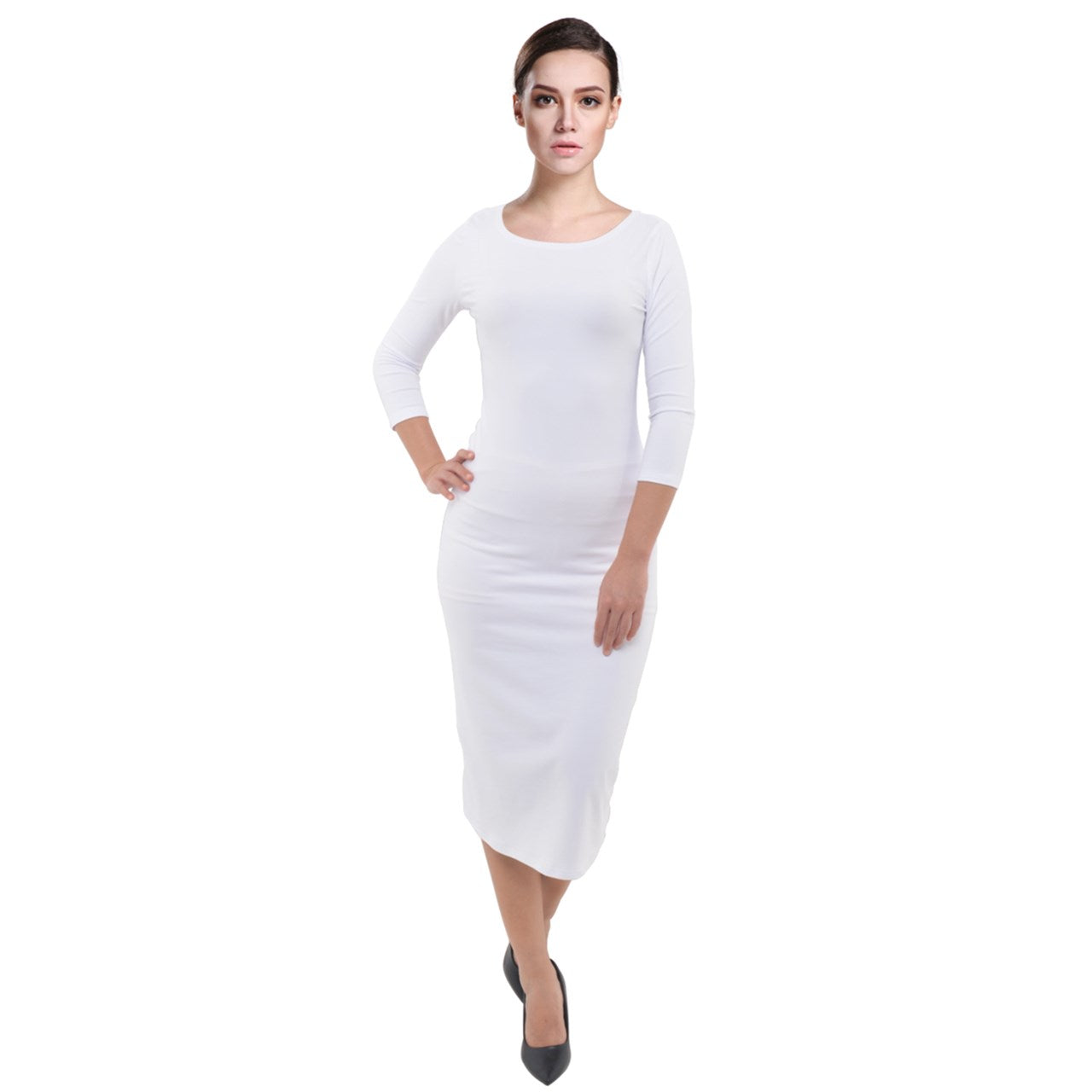 Quarter Sleeve Midi Velour Bodycon Dress White