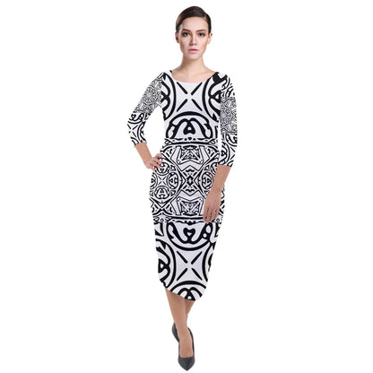 Quarter Sleeve Midi Velour Bodycon Dress Hawaiian Tribal