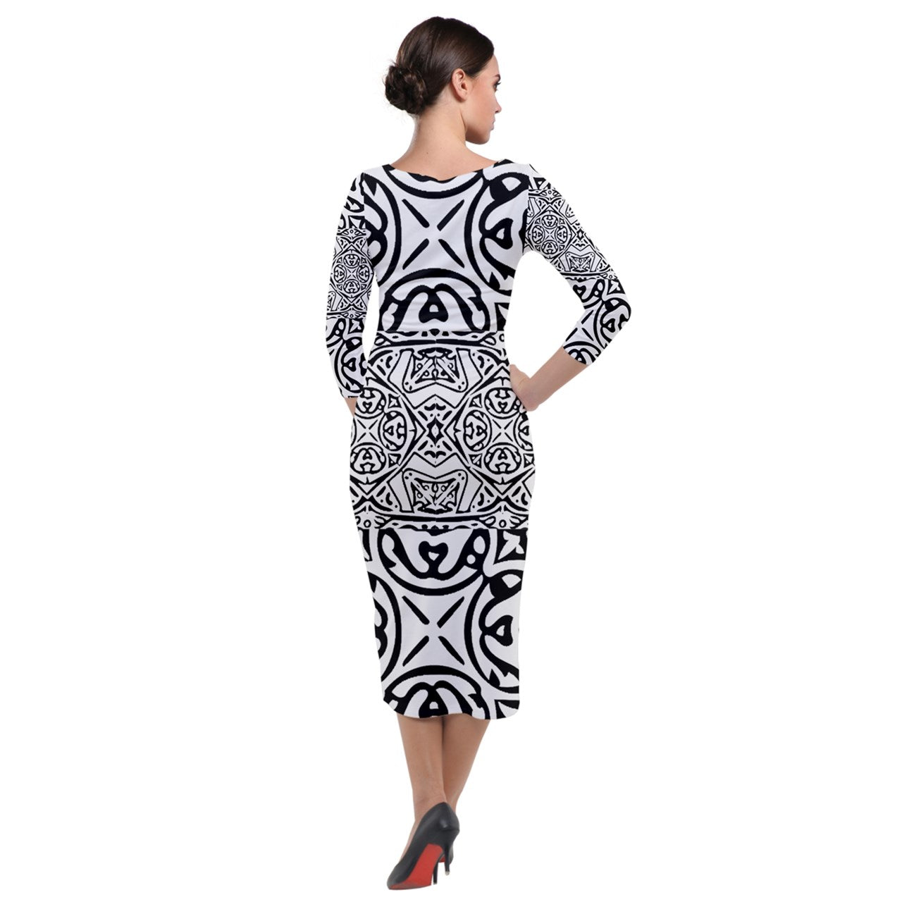 Quarter Sleeve Midi Velour Bodycon Dress Hawaiian Tribal