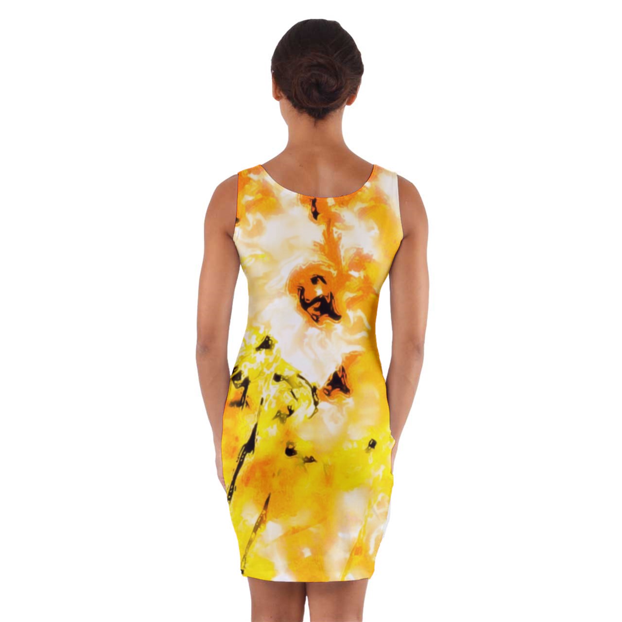 Wrap Front Bodycon Dress Yellow Hibiscus Impressionist